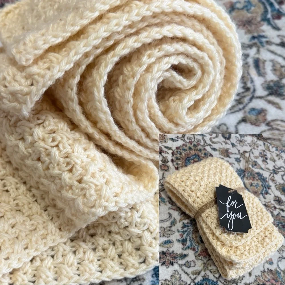 Vintage Handmade Cream Crochet Long Knit Scarf 71-73” Long Gift Wrapped